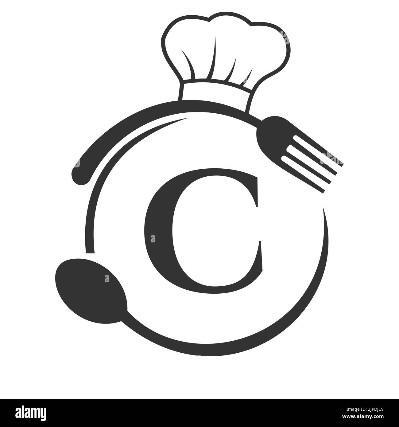 Restaurant Logo on Letter C Concept. Letter C Logo with Chef Hat, Spoon And Fork For Restaurant