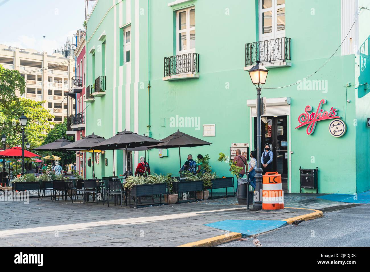 Old San Juan, Puerto Rico - August 25, 2021: Green Colored Restaurant Located in Old San Juan Puerto Rico. Stock Photo