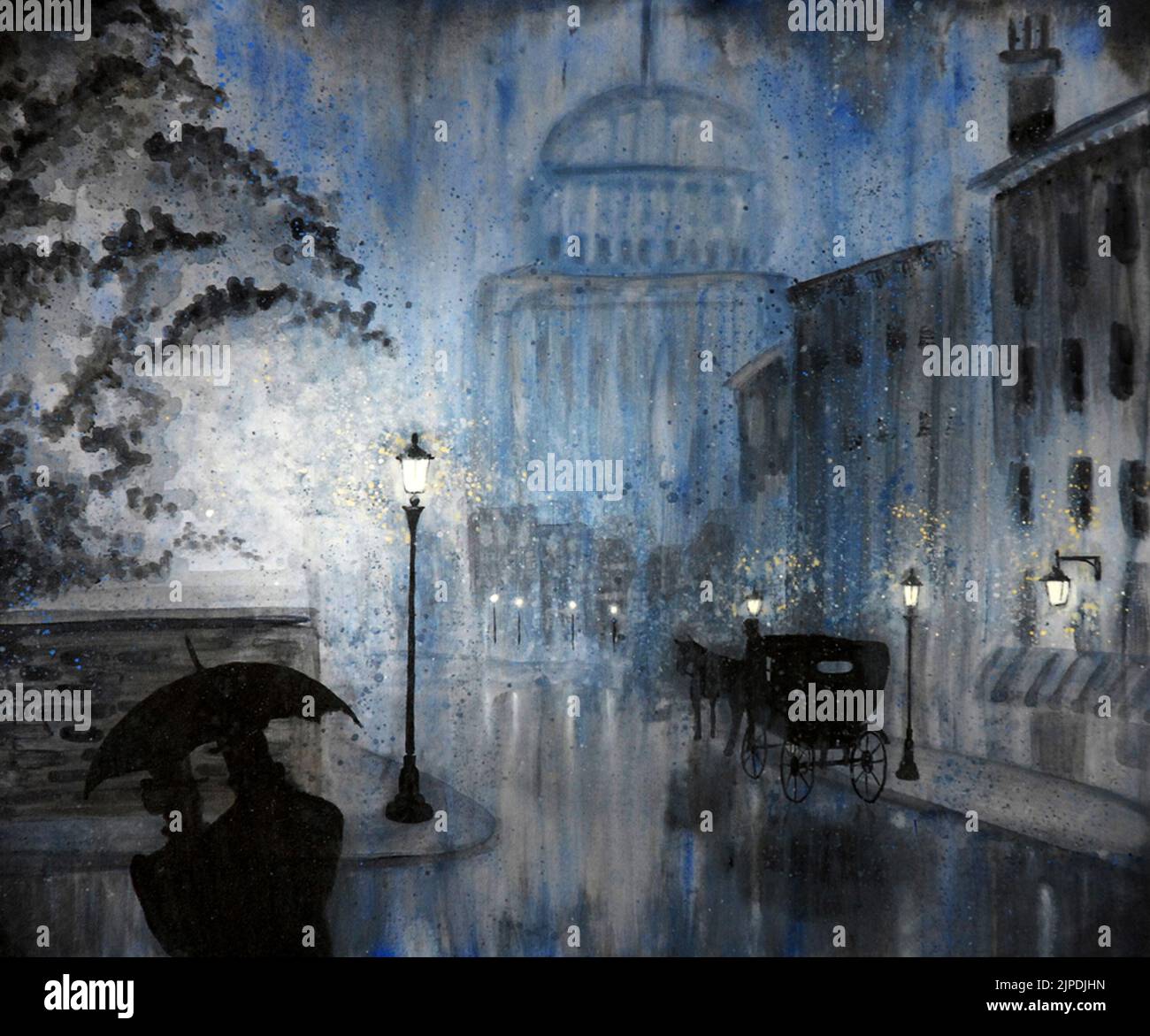 A rain soaked mysterious scene of London from the Victorian era, with a ...