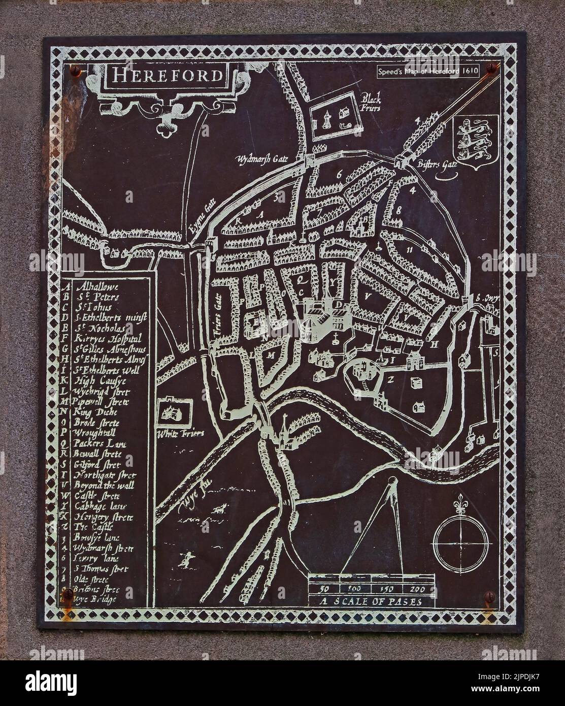 Speeds map of Hereford, from 1610, outside cathedral, 5 College Cloisters ,Cathedral Close, Hereford , Herefordshire, England, UK, HR1 2NG Stock Photo