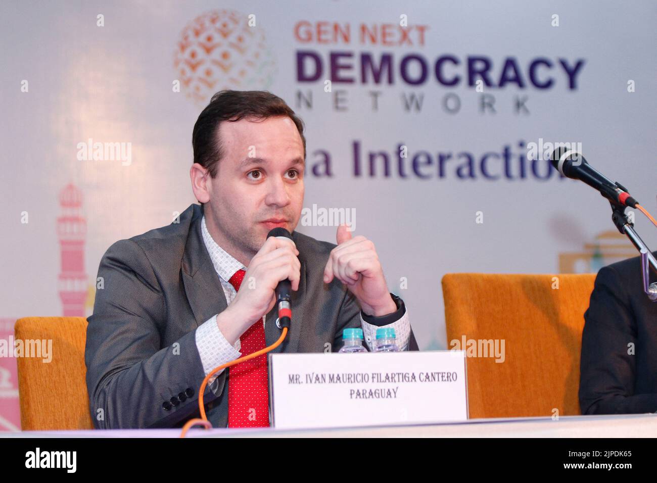 New Delhi, India, August 17th, 2022, Delegate from Paraguay Ivan Mauricio Filartiga Cantero 4th batch of "Gen-Next Democracy Network Programme"addresses media during a media interaction at ICCR in New Delhi, India on August 17th, 2022. As a part of Azadi Ka Amrit Mahotsav commemorating 75 years of India's independence and her glorious history, culture, and achievement, ICCR hosted 4th batch of "Gen-Next Democracy Network Programme" with young leaders from 5 countries namely Paraguay, Uganda, Thailand, Mauritius and Czech Republic. Photo by Akash Anshuman/ABACAPRESS.COM Stock Photo