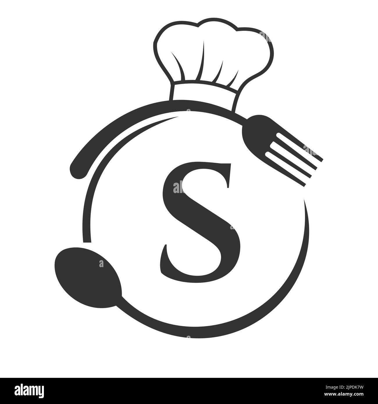 Restaurant Logo on Letter S Concept. Letter S Logo with Chef Hat, Spoon And Fork For Restaurant Logo Stock Vector