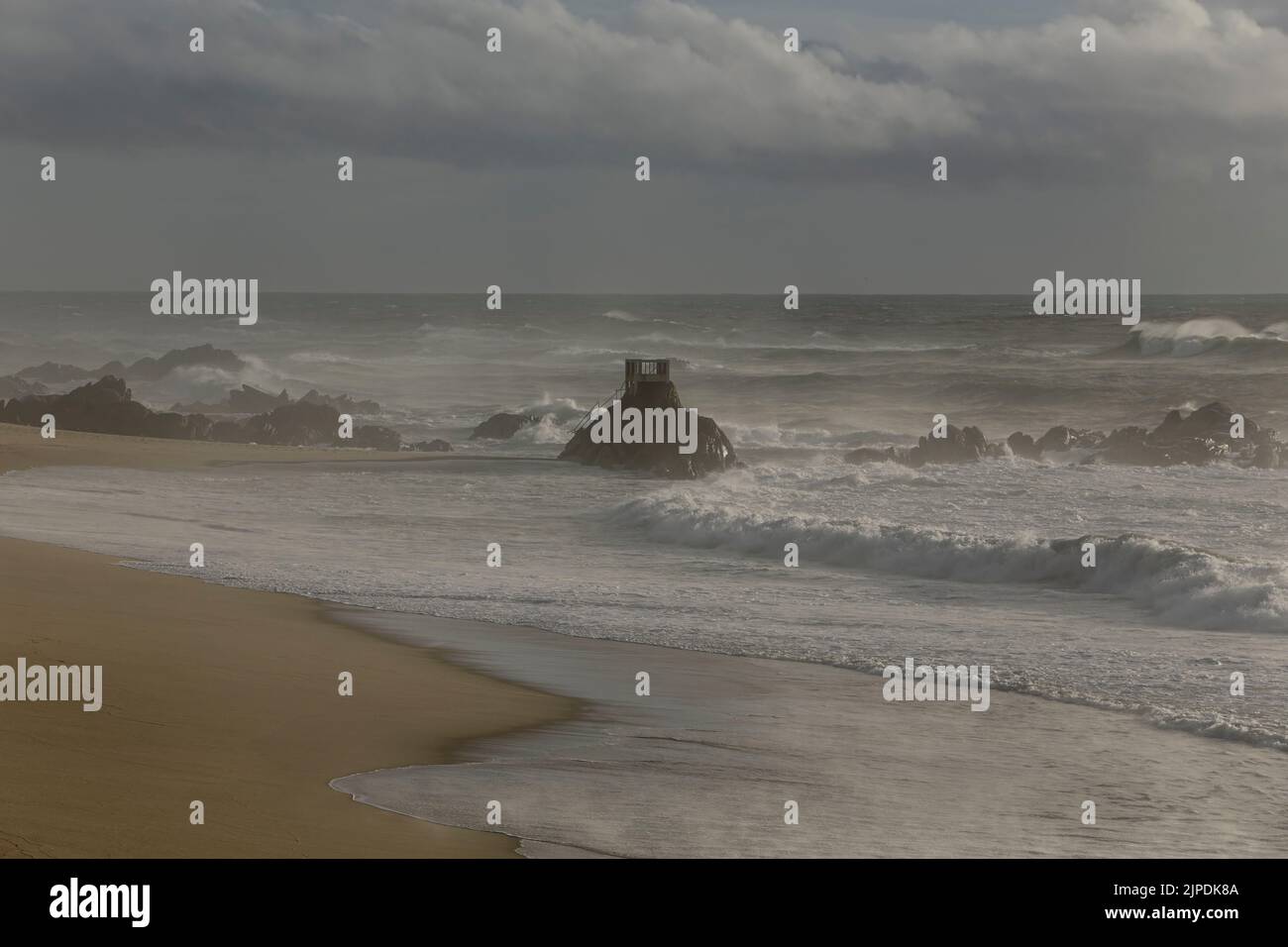 Vila do Conde beach belvedere in a stormy autumn day, northern portuguese coast Stock Photo