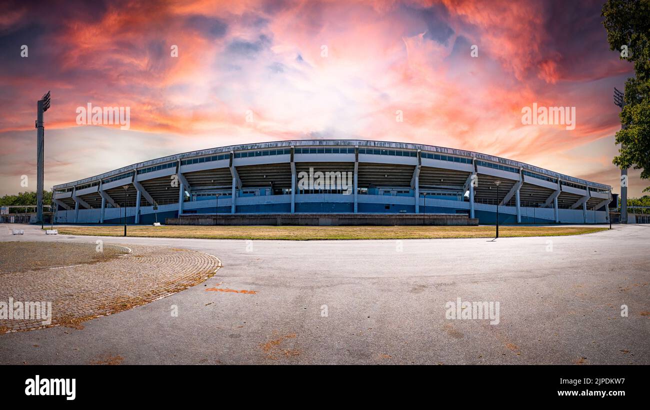 MALMÖ, SWEDEN - AUGUST 10, 2022: The old Malmo FF football stadium under a dramatic sunset sky. Stock Photo