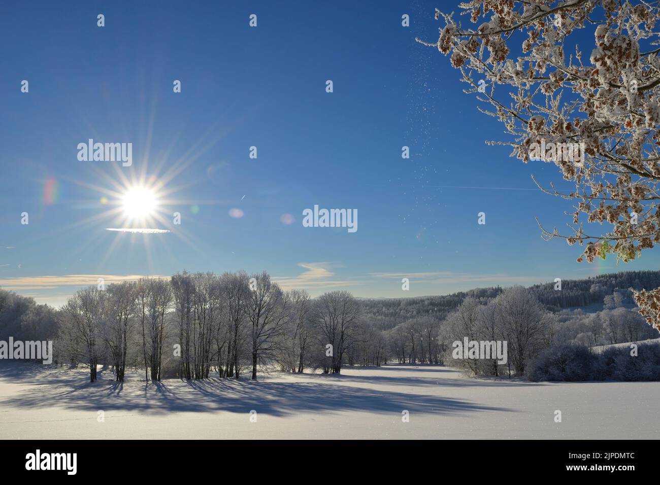 winter landscape, sunbeams, weifaer höhe, landkreis bautzen, landscape, landscapes, winter landscapes, sun beams, sun ray, sun rays, sunbeam, sunray, Stock Photo