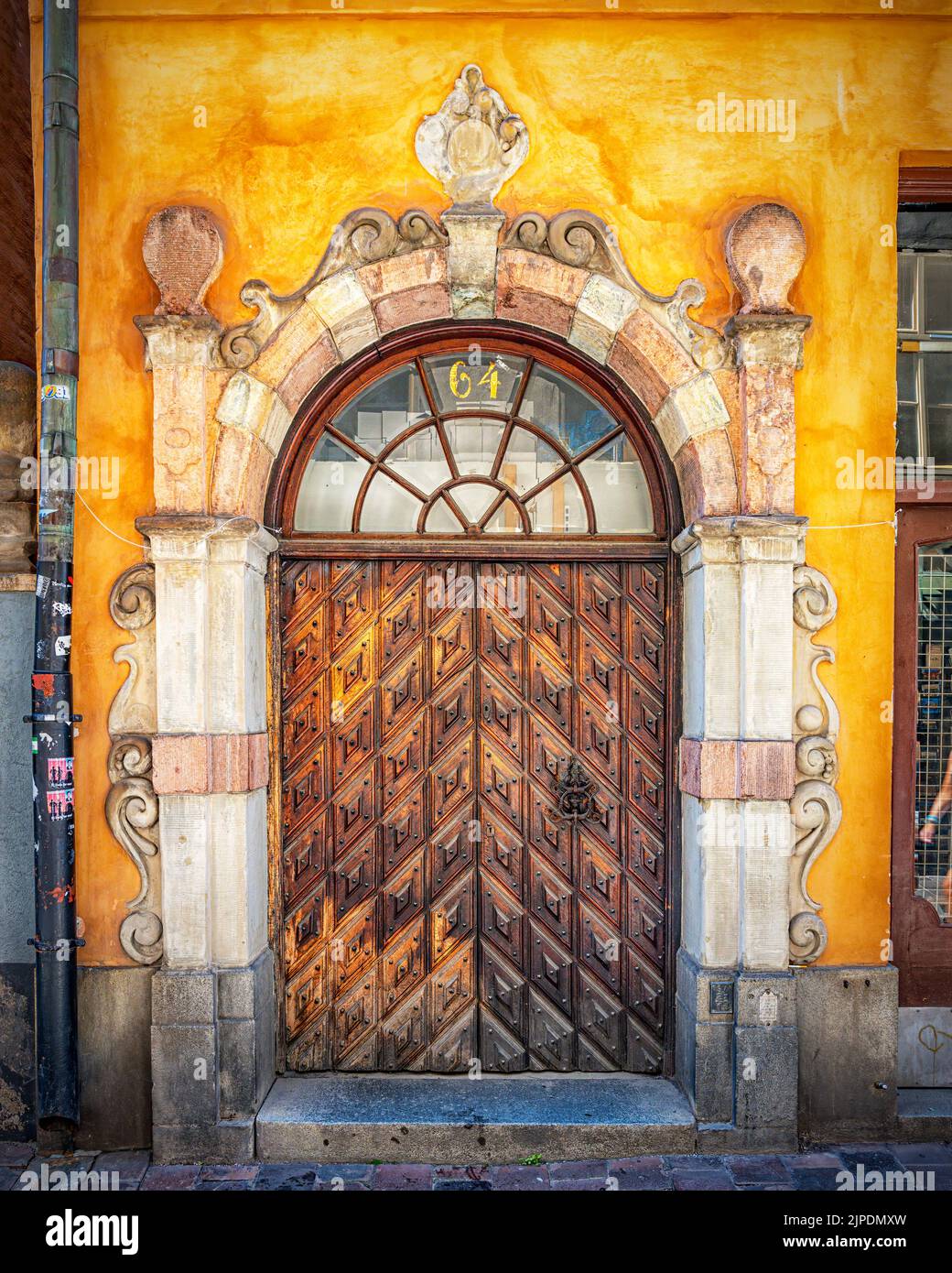STOCKHOLM, SWEDEN - JULY 31, 2022: A typically ornate wooden door found in the gamla stan area Stock Photo