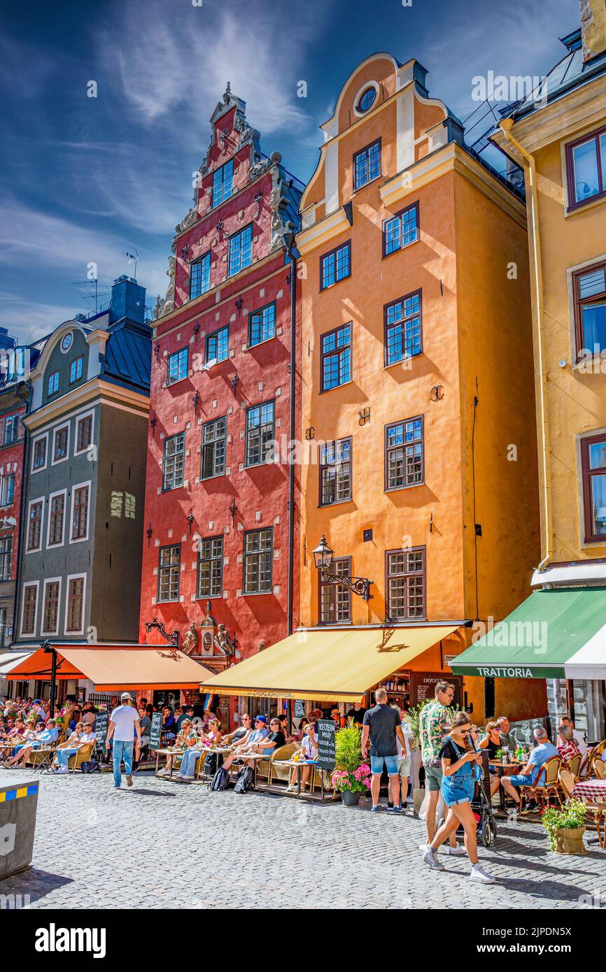 STOCKHOLM, SWEDEN - JULY 31, 2022: This cobblestone plaza dating back to the Middle Ages has colorful historic buildings Stock Photo