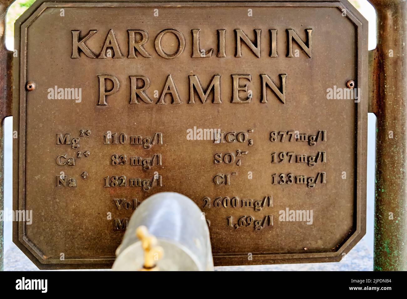 Marienbad, Czech Republic, June 30, 2022: Historical copper plate showing the chemical composition of the mineral water of the Caroline Spring in Mari Stock Photo