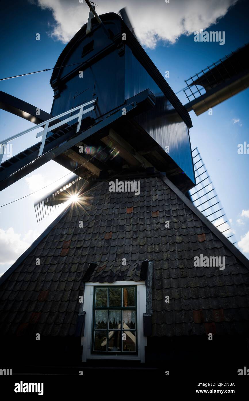 Sun shining through classic windmill in the Netherlands Stock Photo