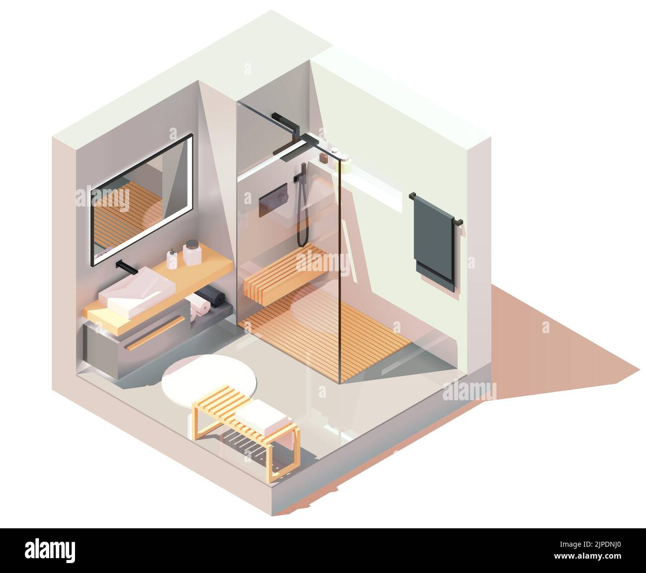 Vector isometric modern bathroom. Gray and white bathroom with wooden furniture, shower cabin and washbasin, bench. Minimalist modern interior Stock Vector