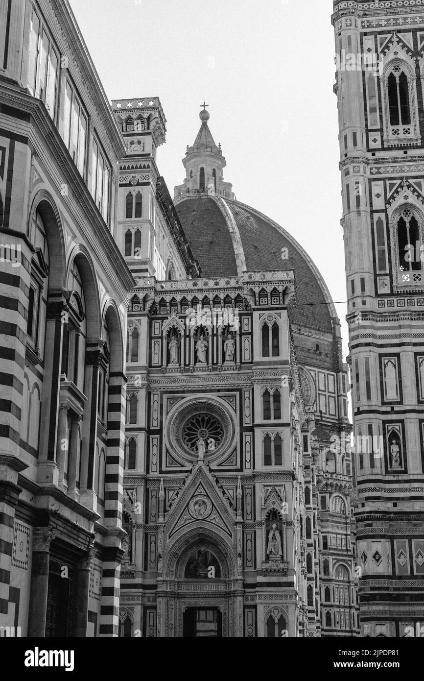A vertical black and white shot of the Cathedral of Santa Maria del Fiore in Florence, Italy Stock Photo