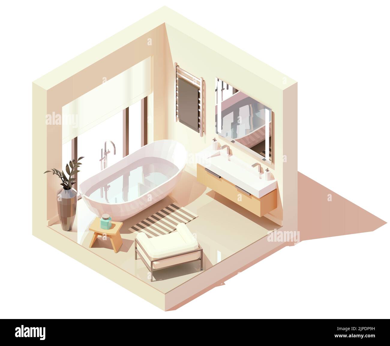 Vector isometric modern bathroom. White bathroom with wooden furniture, white bathtub and double washbasin, large window. Minimalist modern interior Stock Vector