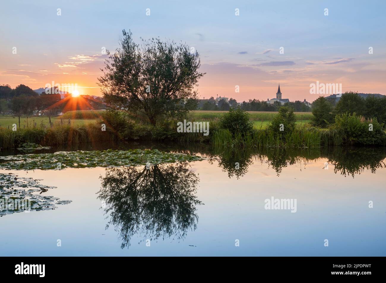 sunset, water reflection, pond, pfarrer-weiher, sunsets, water reflections, ponds Stock Photo