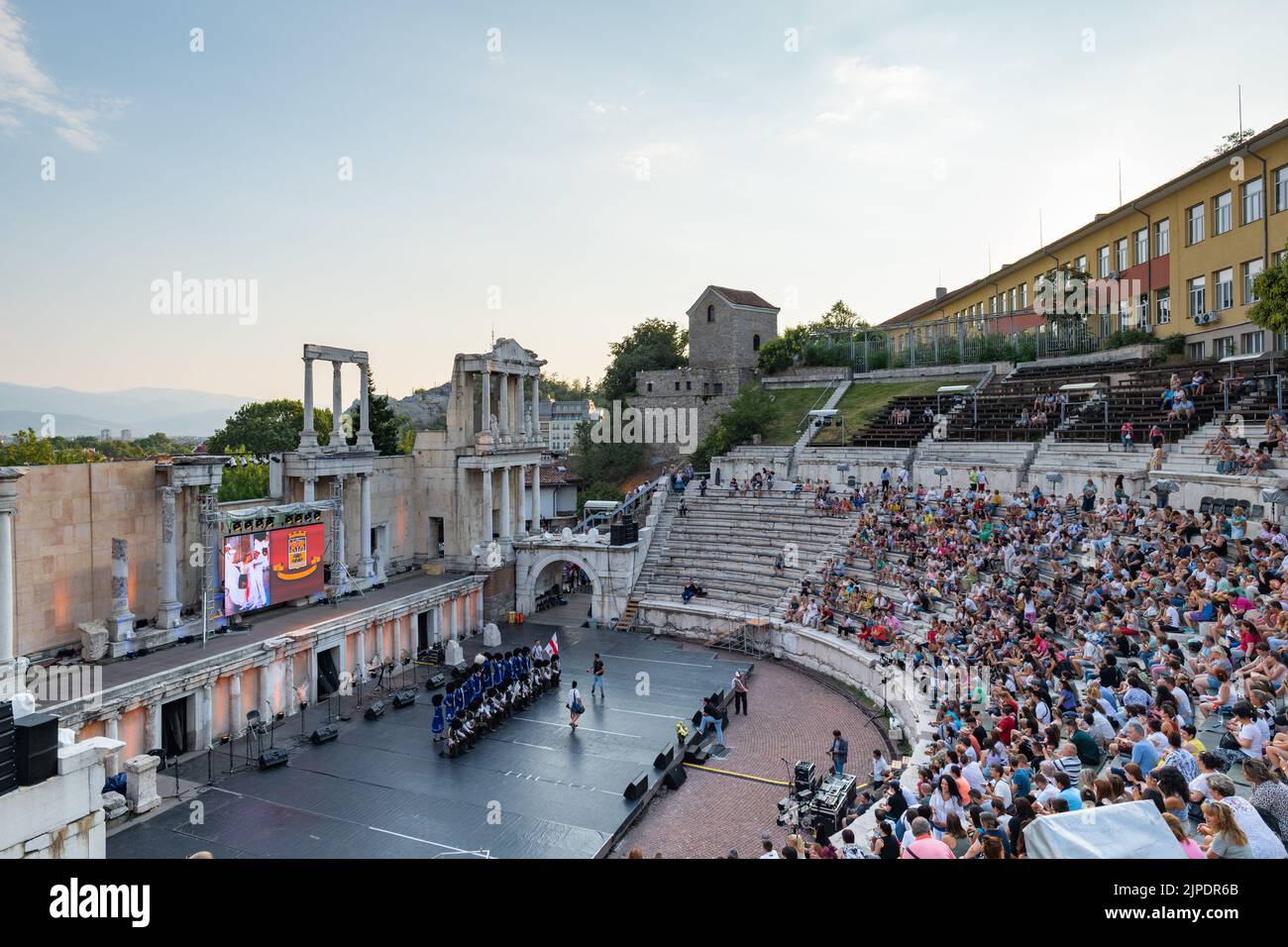 Plovdiv, Bulgaria - July 2022: International Folklore Festival with dance performance on the ancient Roman theater, in Plovdiv, Bulgaria Stock Photo