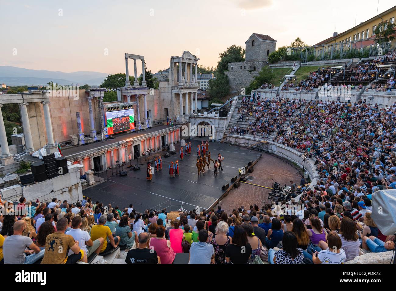 Plovdiv, Bulgaria - July 2022: International Folklore Festival with dance performance on the ancient Roman theater, in Plovdiv, Bulgaria Stock Photo