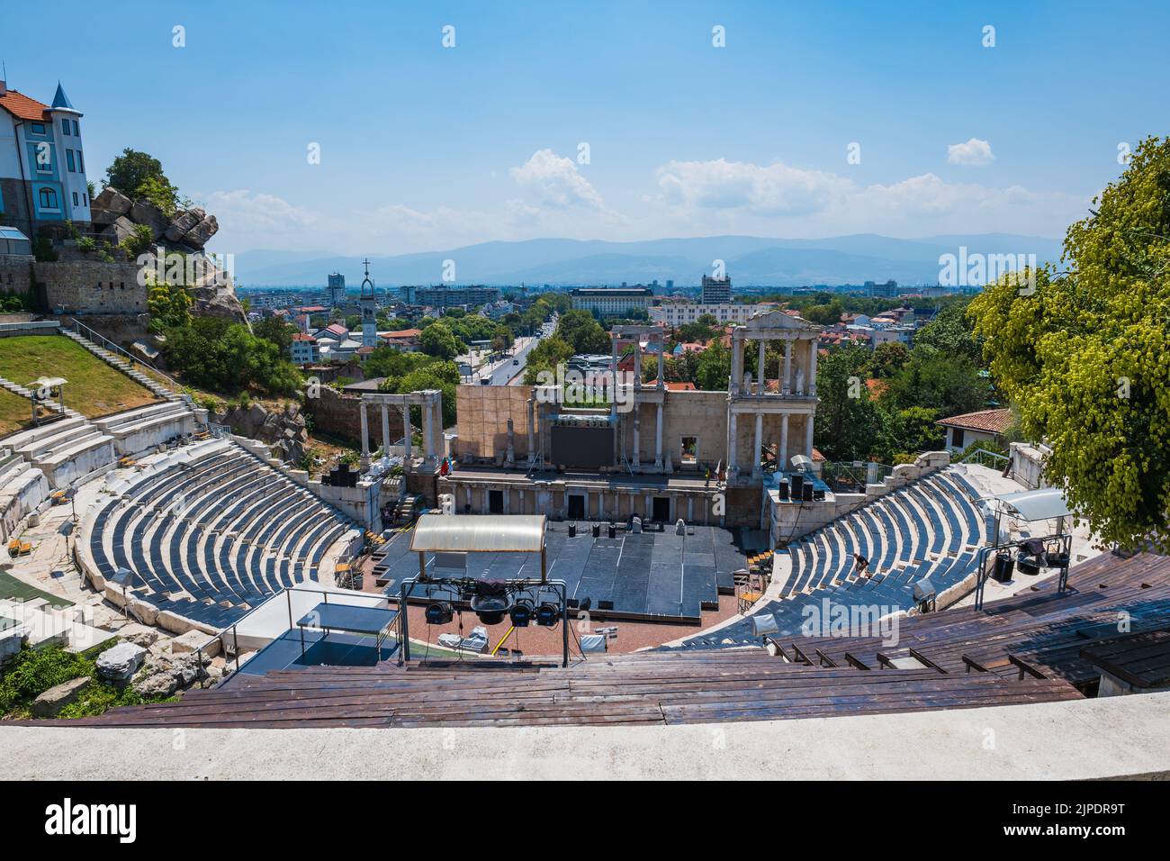 Plovdiv, Bulgaria - July 2022: Ancient Roman theatre in Plovdiv, Bulgaria, a famous landmark popular for tourists Stock Photo