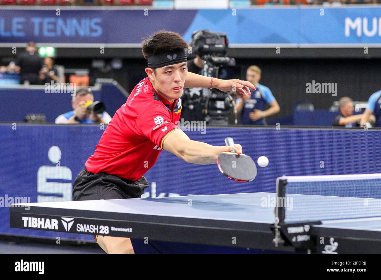 Munich, Germany. 17th Aug, 2022. Table Tennis: European Championship, Men, Doubles, Round of 16. Benedikt Duda and Dang Qiu from Germany will play against Pistej/Karakasevic. 1st round. In the photo Dang Qiu (GER). Credit: Christian Kolbert/dpa/Alamy Live News Stock Photo