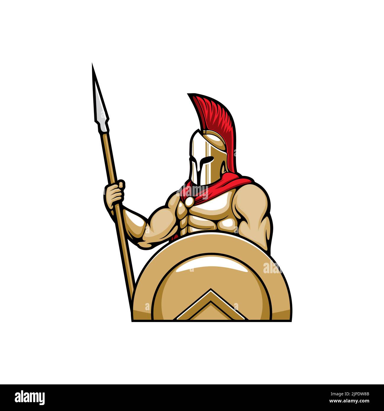 Roman soldier in gladiators helmet with scarlet plume isolated Spartan or Trojan ancient greek warrior with spear. Vector Sparta centurion soldier, roman legionnaire, war and military hero with shield Stock Vector