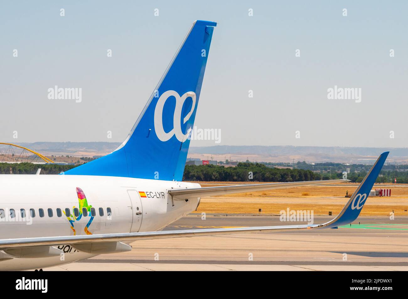 Logo of Air Europa in the tail of a plane in an transportation building Stock Photo