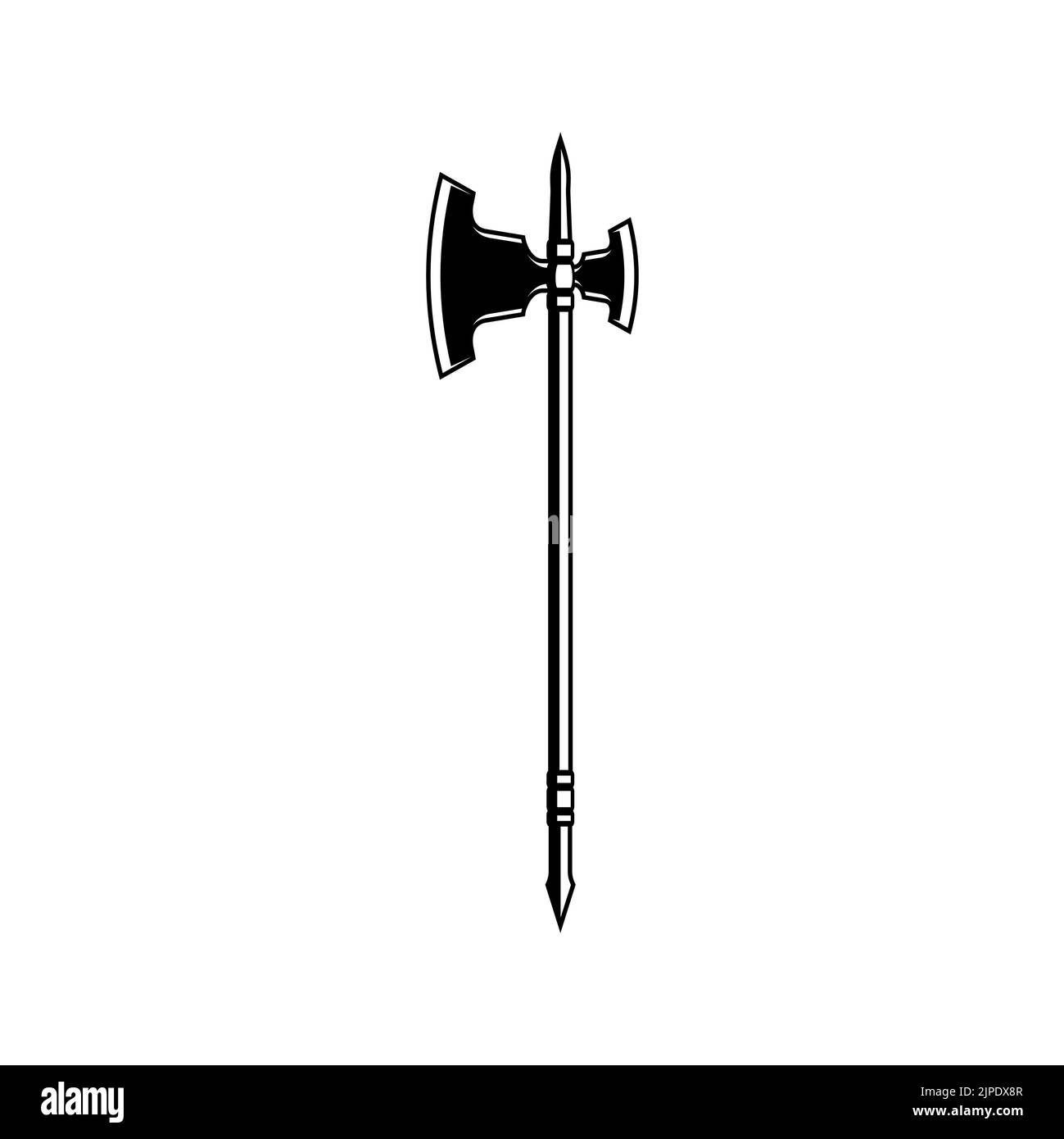 Medieval battleaxe retro weapon with sharp steel edged blade isolated monochrome icon. Vector double barbarian hatchet, halberd tomahawk. Old axe with wooden handle, warrior equipment, tomahawk Stock Vector