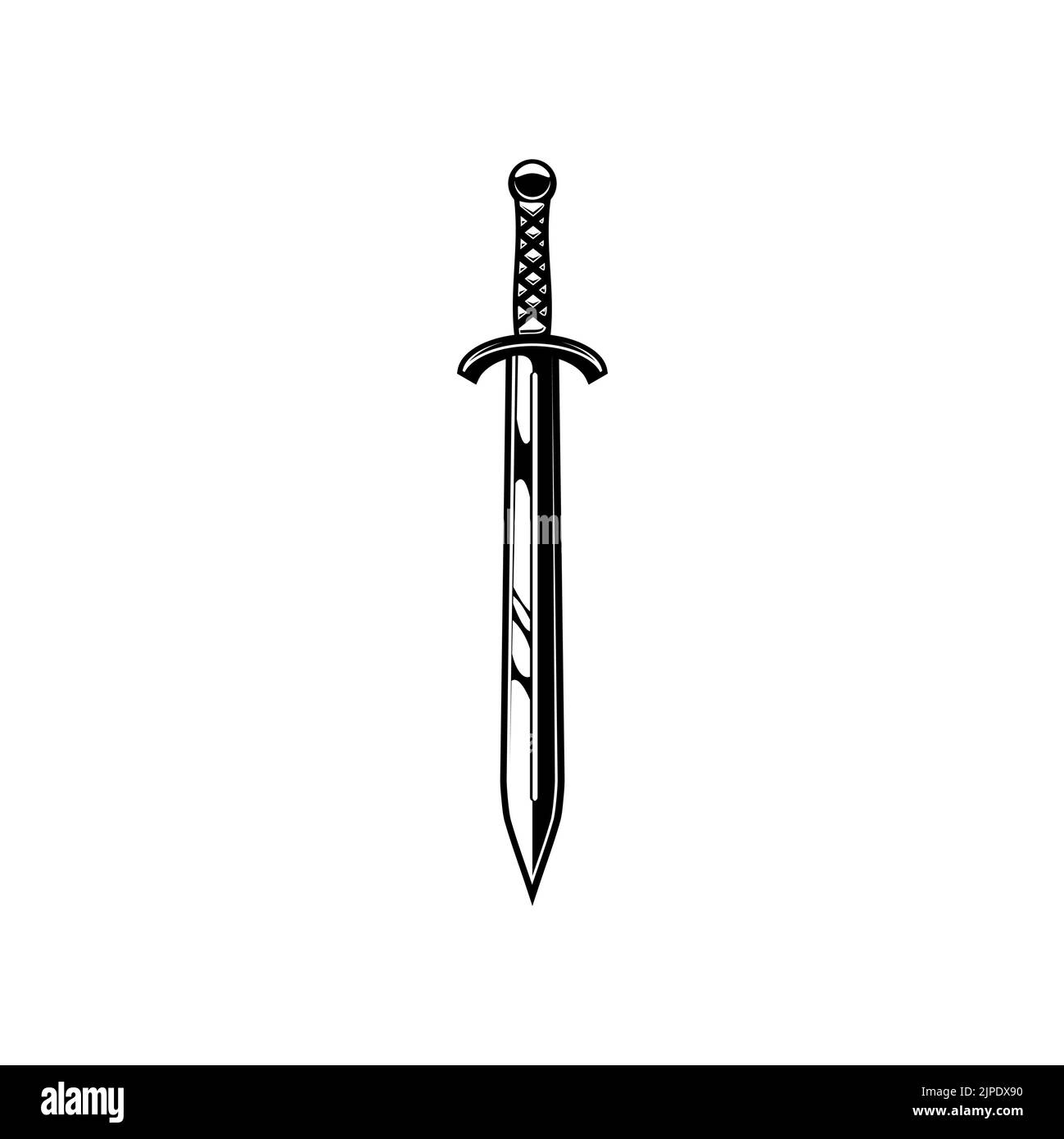 Ancient sword with sharp blade and handle, royal armour isolated monochrome icon Vector sabre fighting tool, ancient weapon. Bladed melee long knife or dagger, coat of arms and heraldry mascot Stock Vector