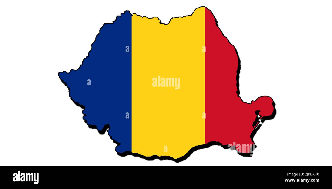 Silhouette of the map of Romania with its flag Stock Photo
