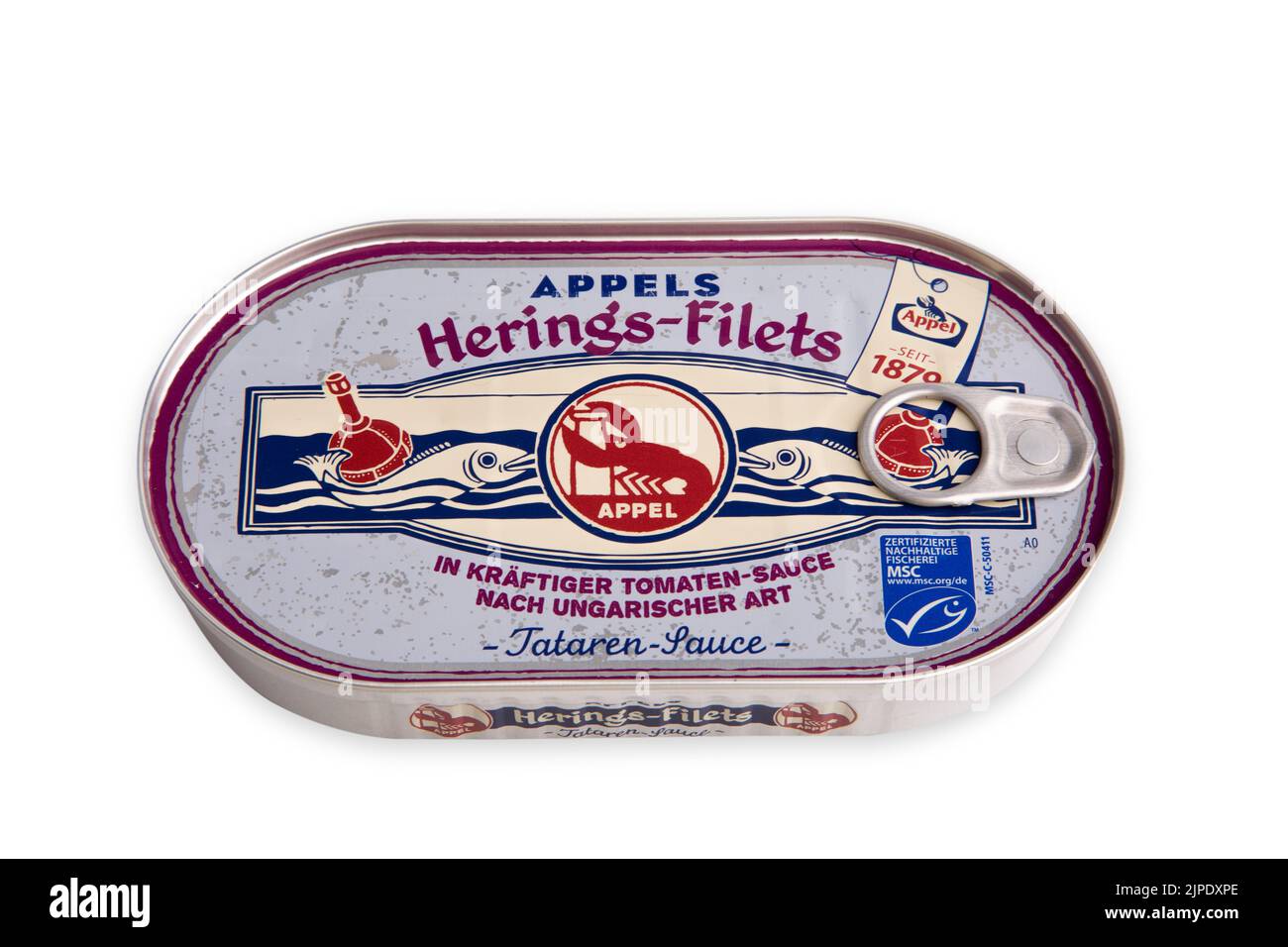 tin, herring fillet, appel feinkost, tins, herring fillets Stock Photo