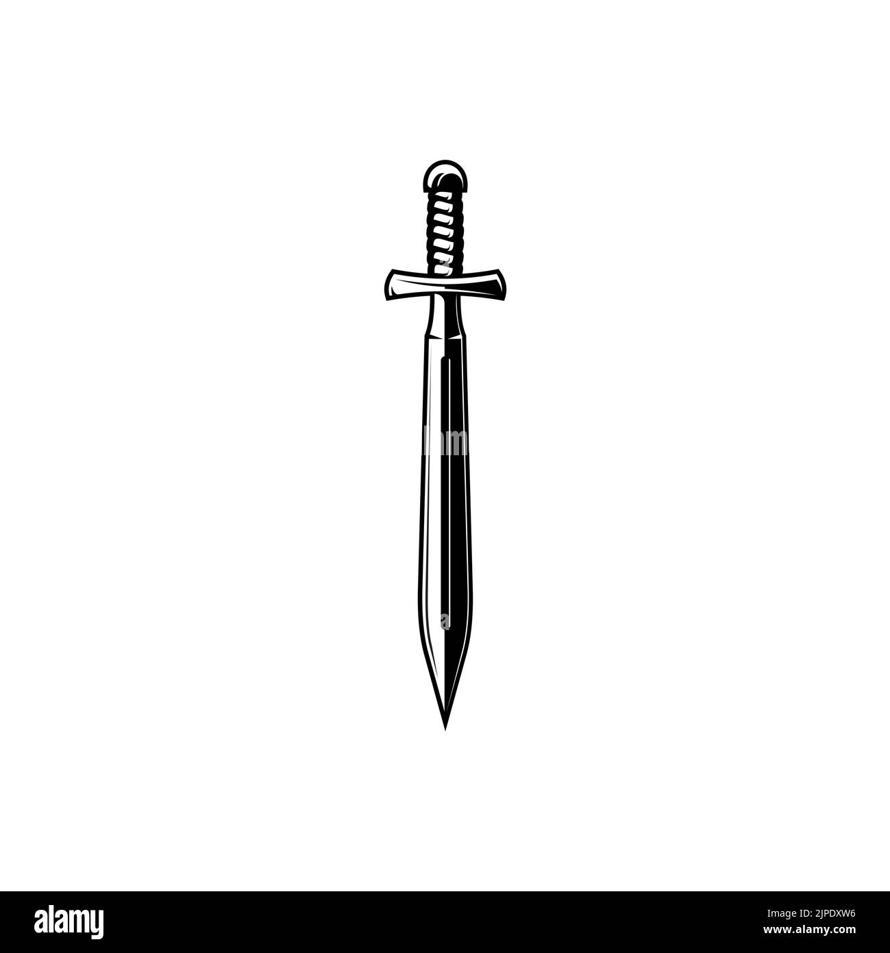 Medieval sword with sharp blade and handle, armour isolated monochrome icon Vector bladed melee weapon, long knife or dagger with long blade attached to hilt. Sabre fighting tool, ancient armour Stock Vector