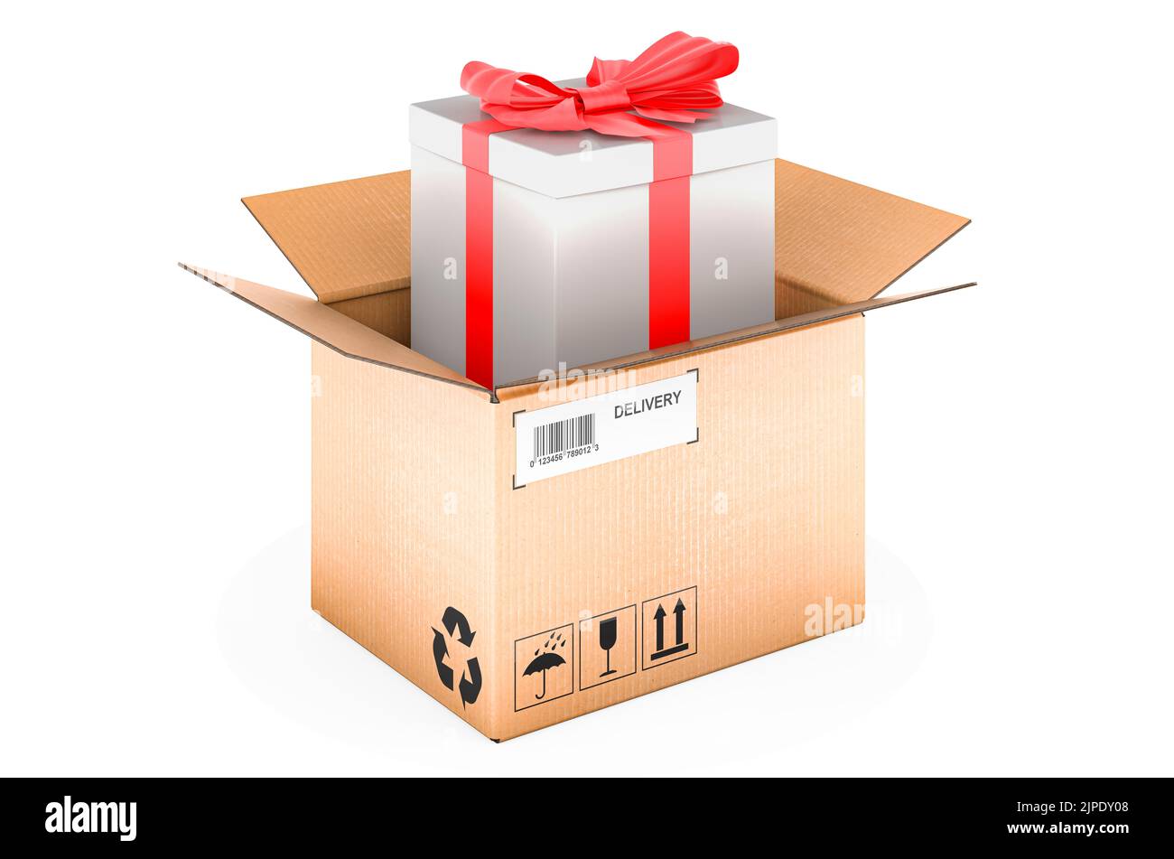 Gift box inside cardboard box, delivery concept. 3D rendering isolated