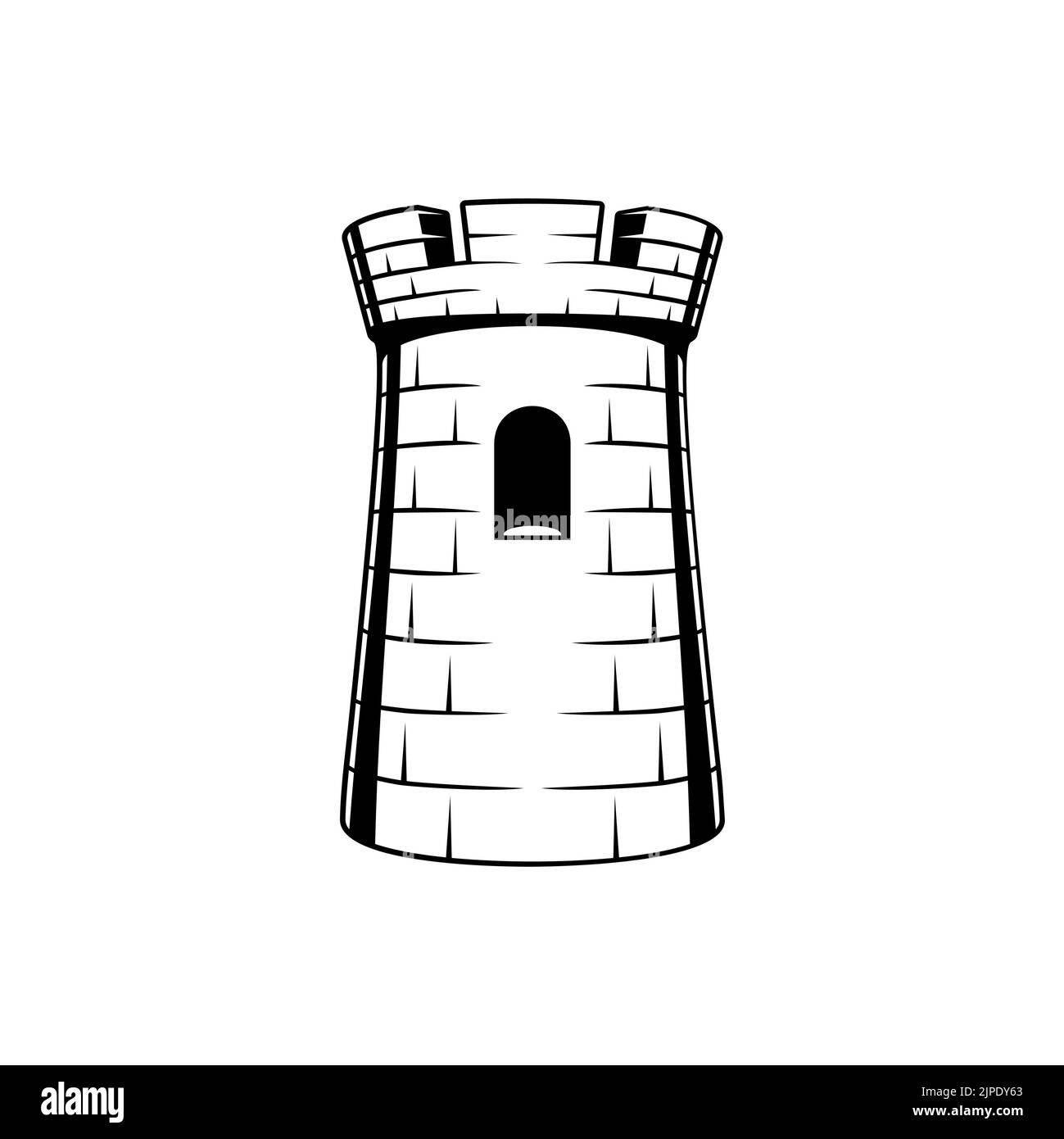 Ancient brick tower isolated castle fortress monochrome icon. Vector turret with rampart window, round construction to defence kingdom, security castle. Royal building, medieval fort, chess tower Stock Vector