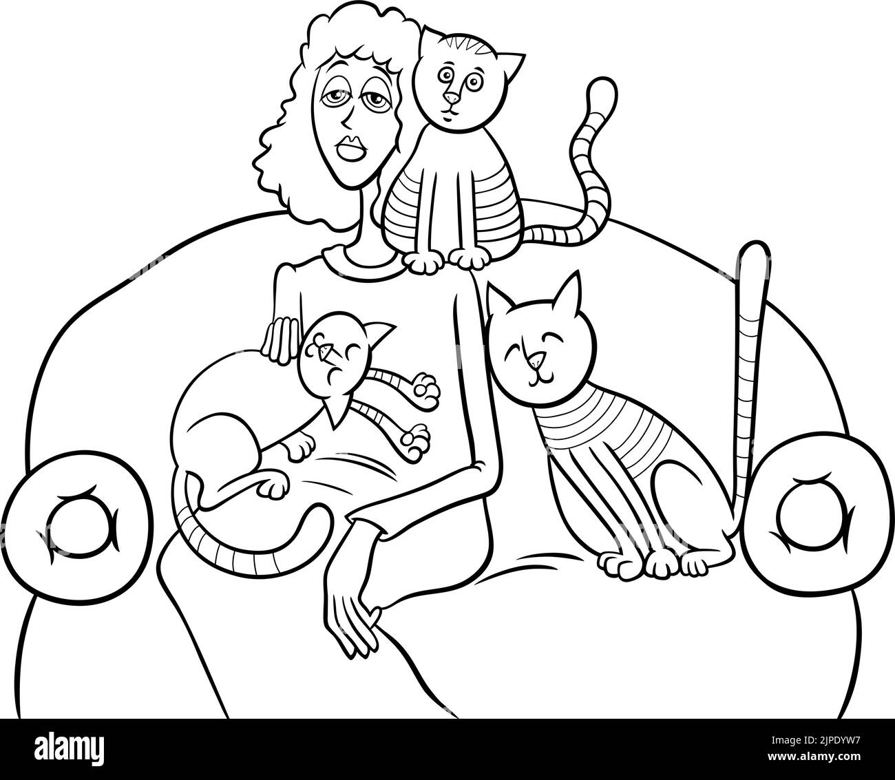 Black and white cartoon illustration of woman with her cats on the sofa ...