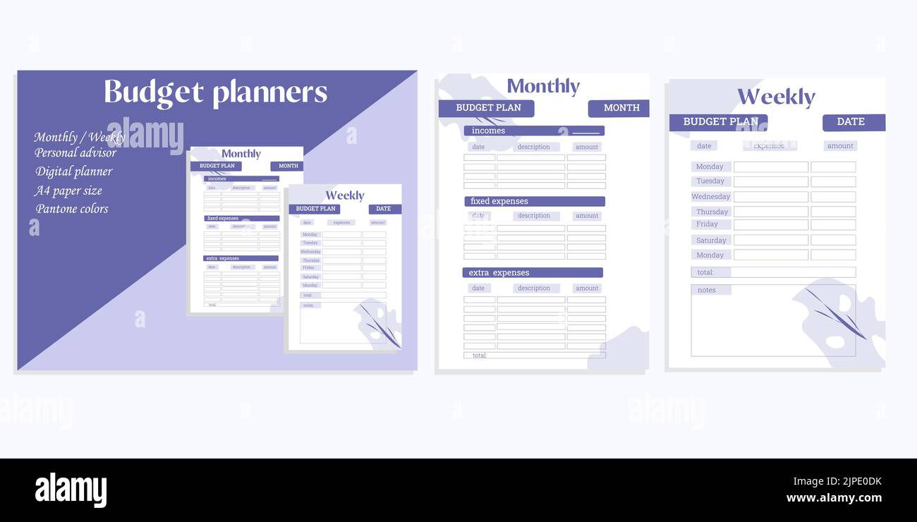 Set of three pages of digital financial planner. Budget planner with its cover, monthly and weekly pages. Vector illustration, banner. Stock Vector