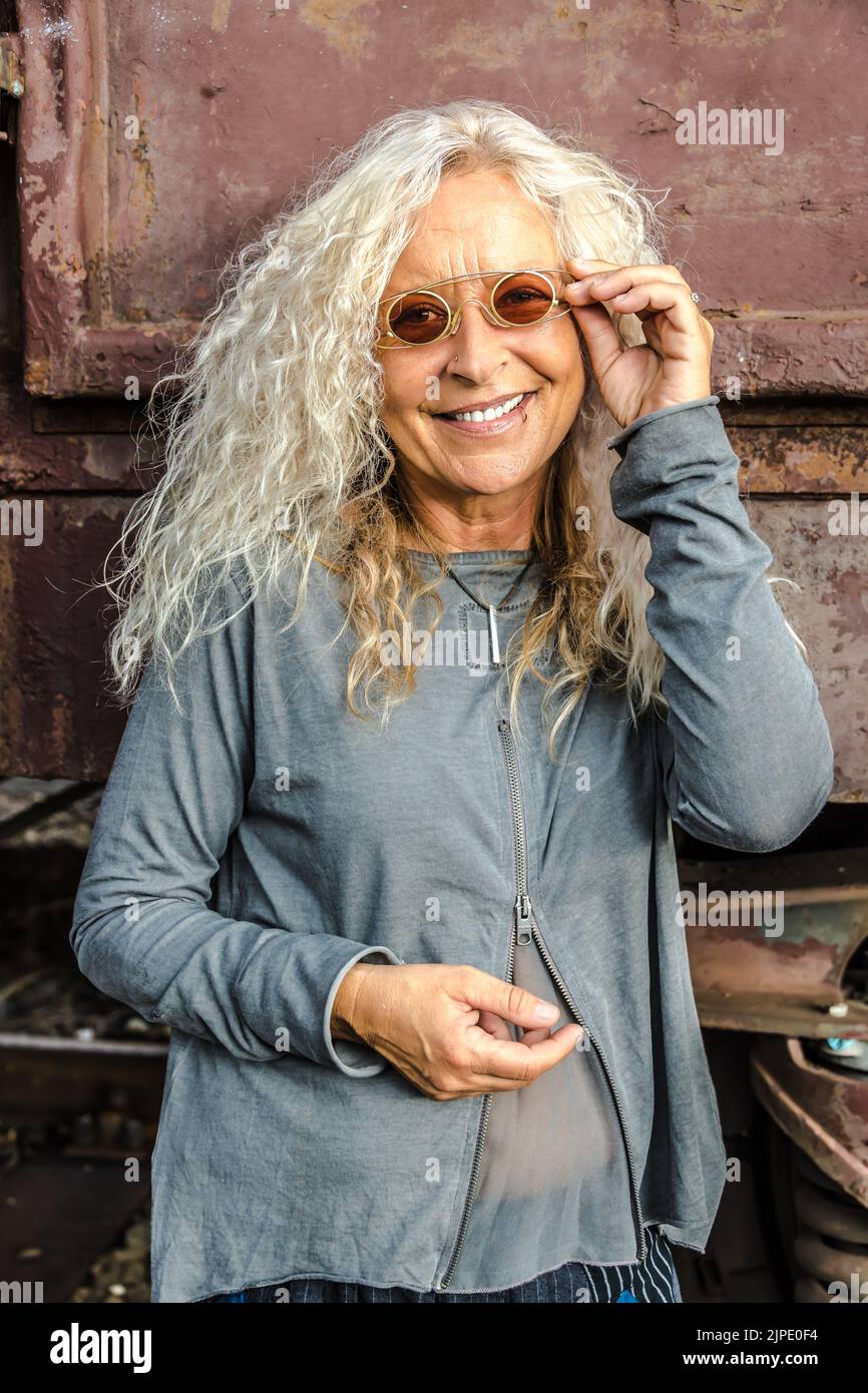 woman, gray hair, sunglasses, female, ladies, lady, women, gray hairs, grey hair, eye glasses, eyeglasses, eyewear, glasses Stock Photo