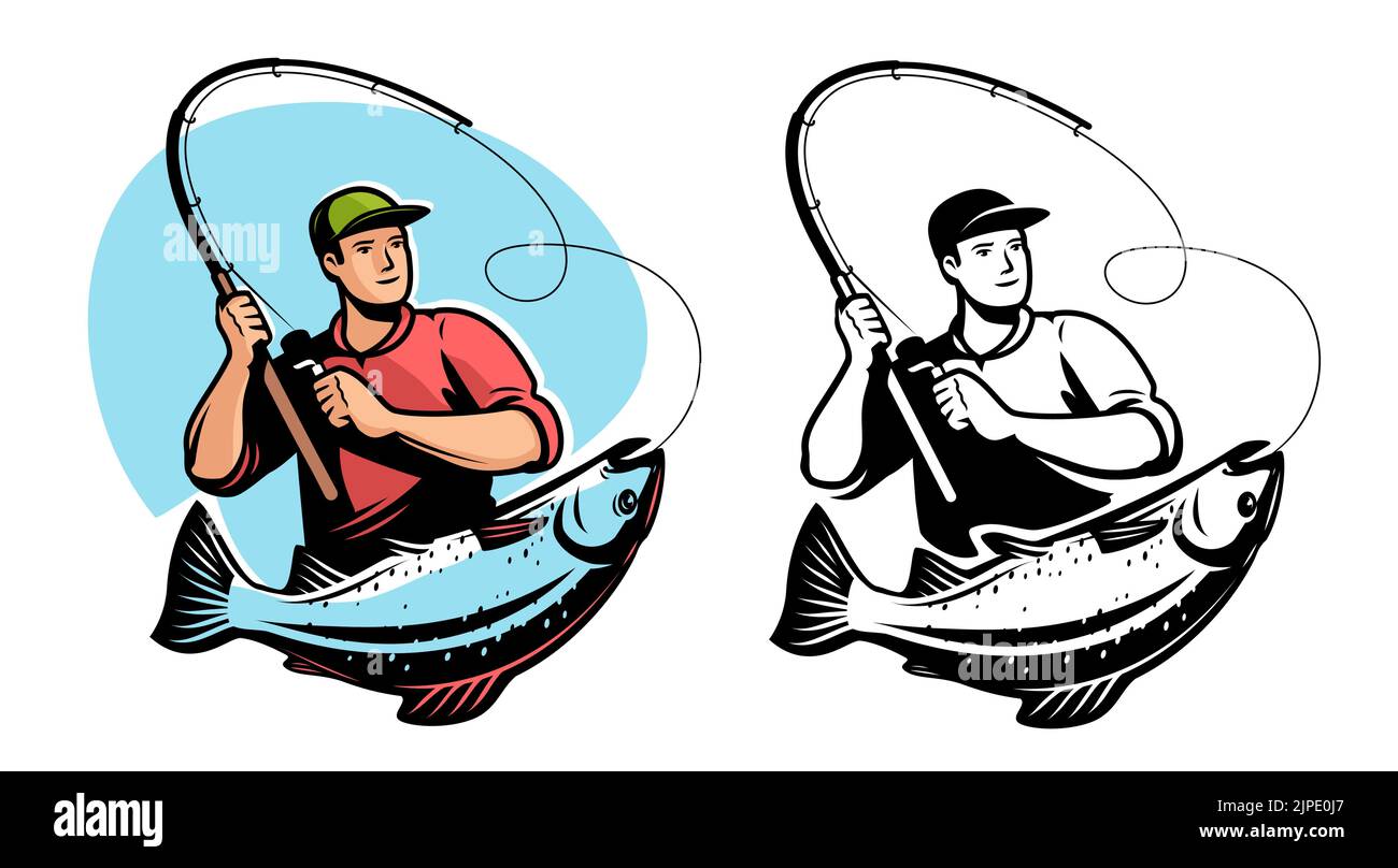 Fisherman with spinning rod caught big fish. Fishing sport emblem or logo. Vector illustration isolated Stock Vector
