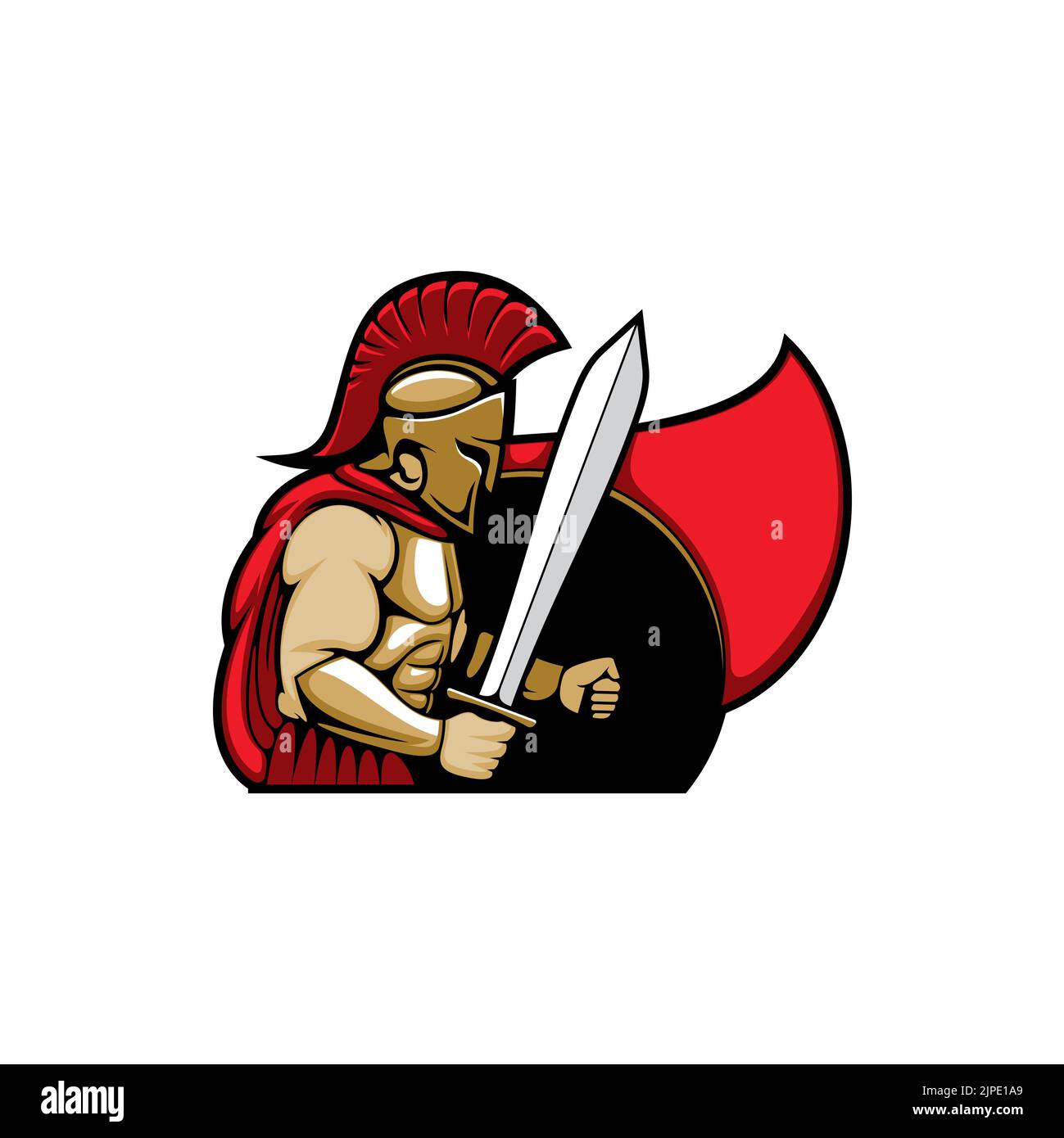 Sparta centurion soldier isolated man with shield and sword, red cloak