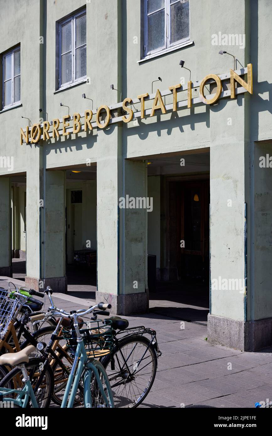 Nørrebro Station (designed by Knud Tanggaard Seest, 1930), sign on facade; Copenhagen, Denmark Stock Photo