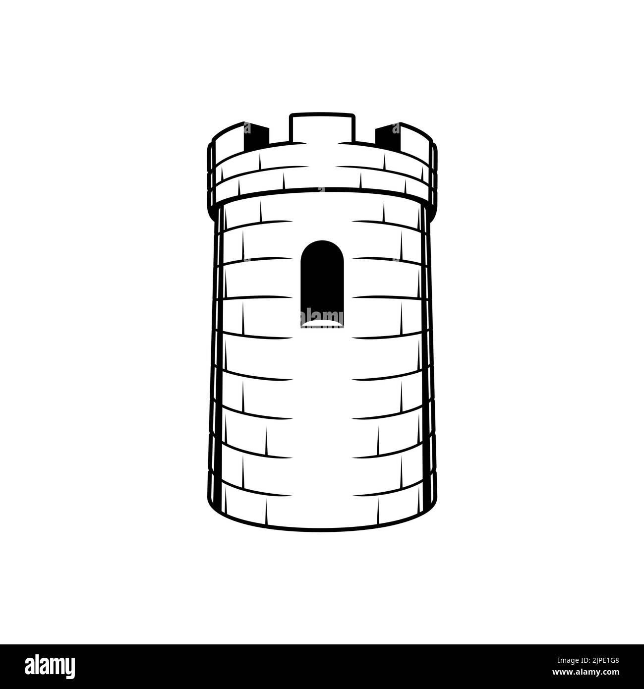Castle brick tower isolated turret fortress with rampart window, monochrome icon. Vector royal building, medieval fort, chess tower. Round construction to defense kingdom, ancient security castle Stock Vector