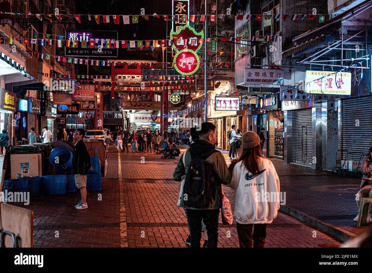Night view of Hong Kong street market during the night with led lights ...