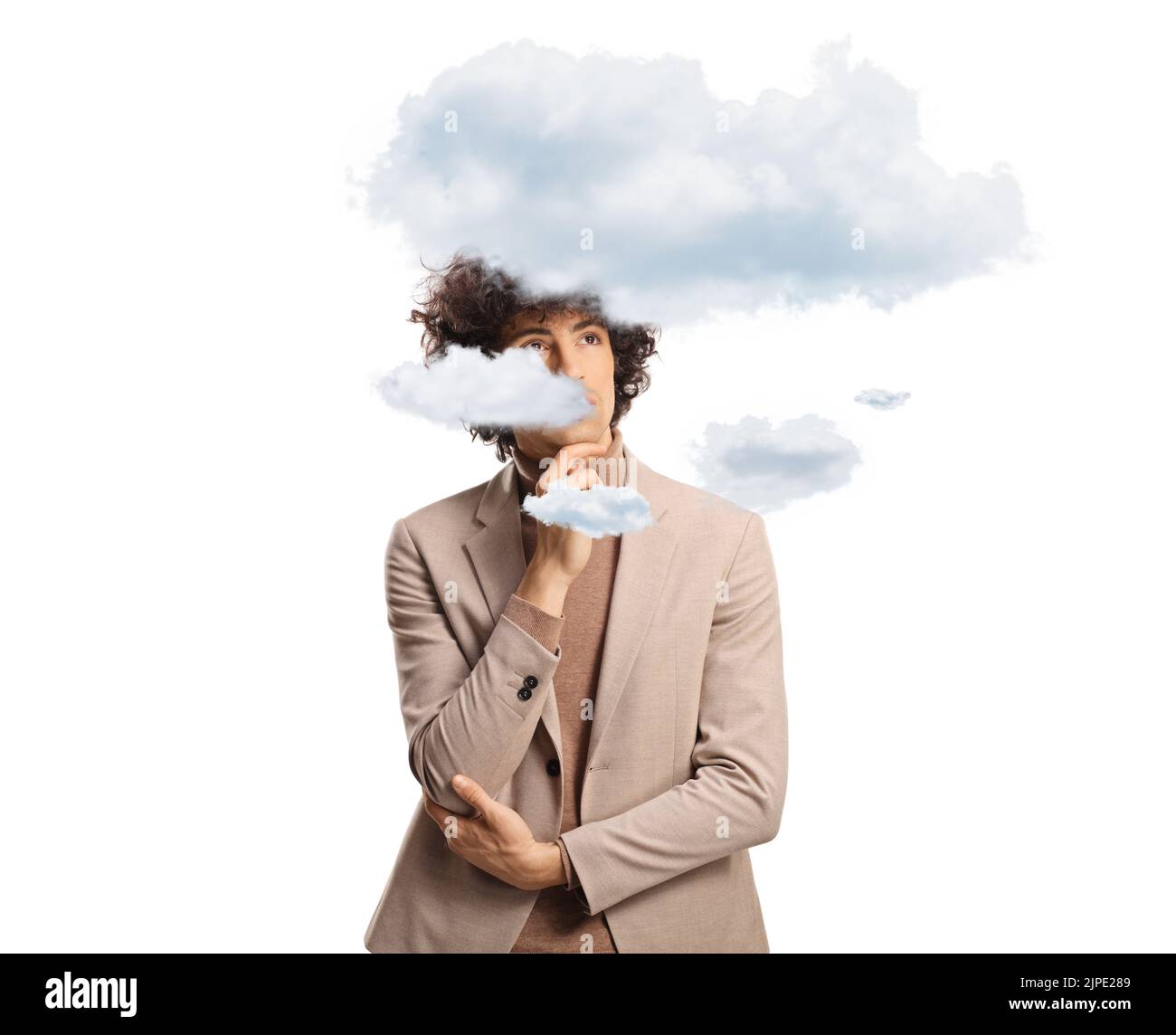 Young pensive man with a clouds around his head isolated on white background Stock Photo