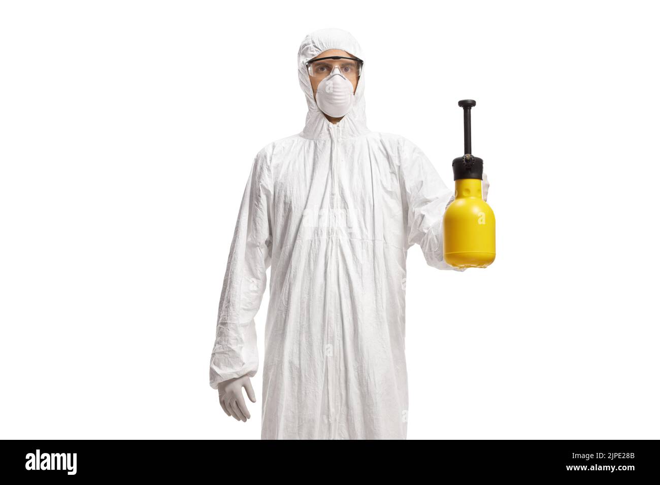 Responder in a white protective suit holding a disinfectant spray isolated on white background Stock Photo