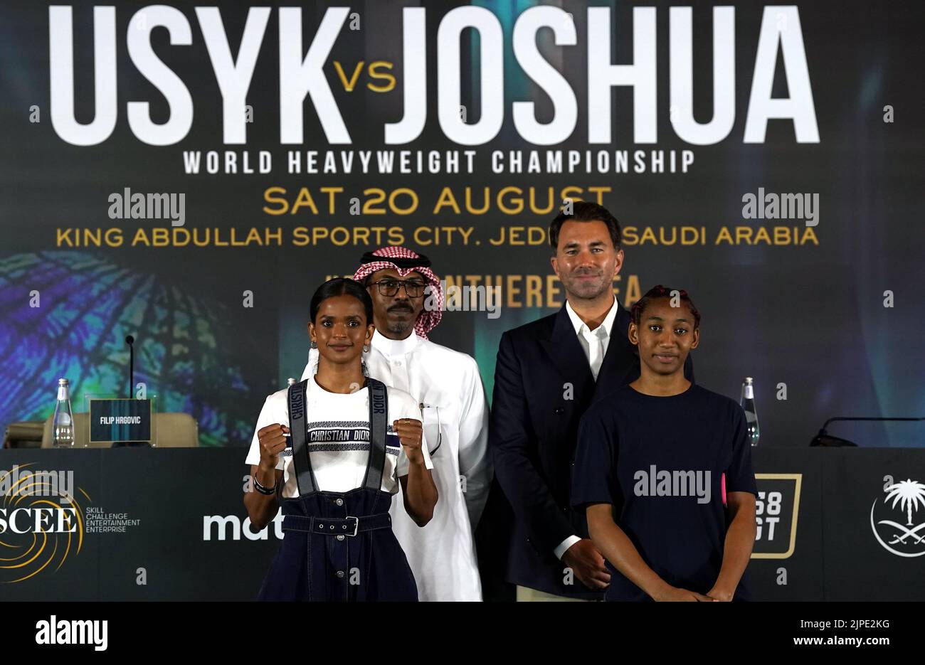 Ramla Ali (left), Crystal Garcia Nova (right), Abdullah Ahmed Eid Al-Harbi and boxing promoter Eddie Hearn during a press conference at the Shangri-La Hotel in Jeddah, Saudi Arabia. Picture date: Wednesday August 17, 2022. Stock Photo