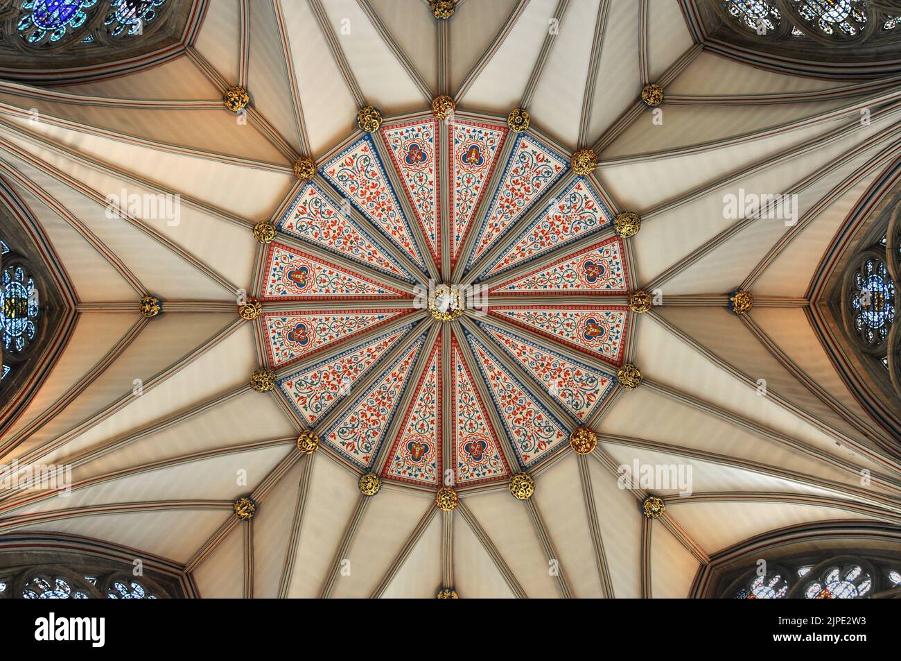 York Minster Chapter House, showing amazing ceiling and stained glass windows Stock Photo