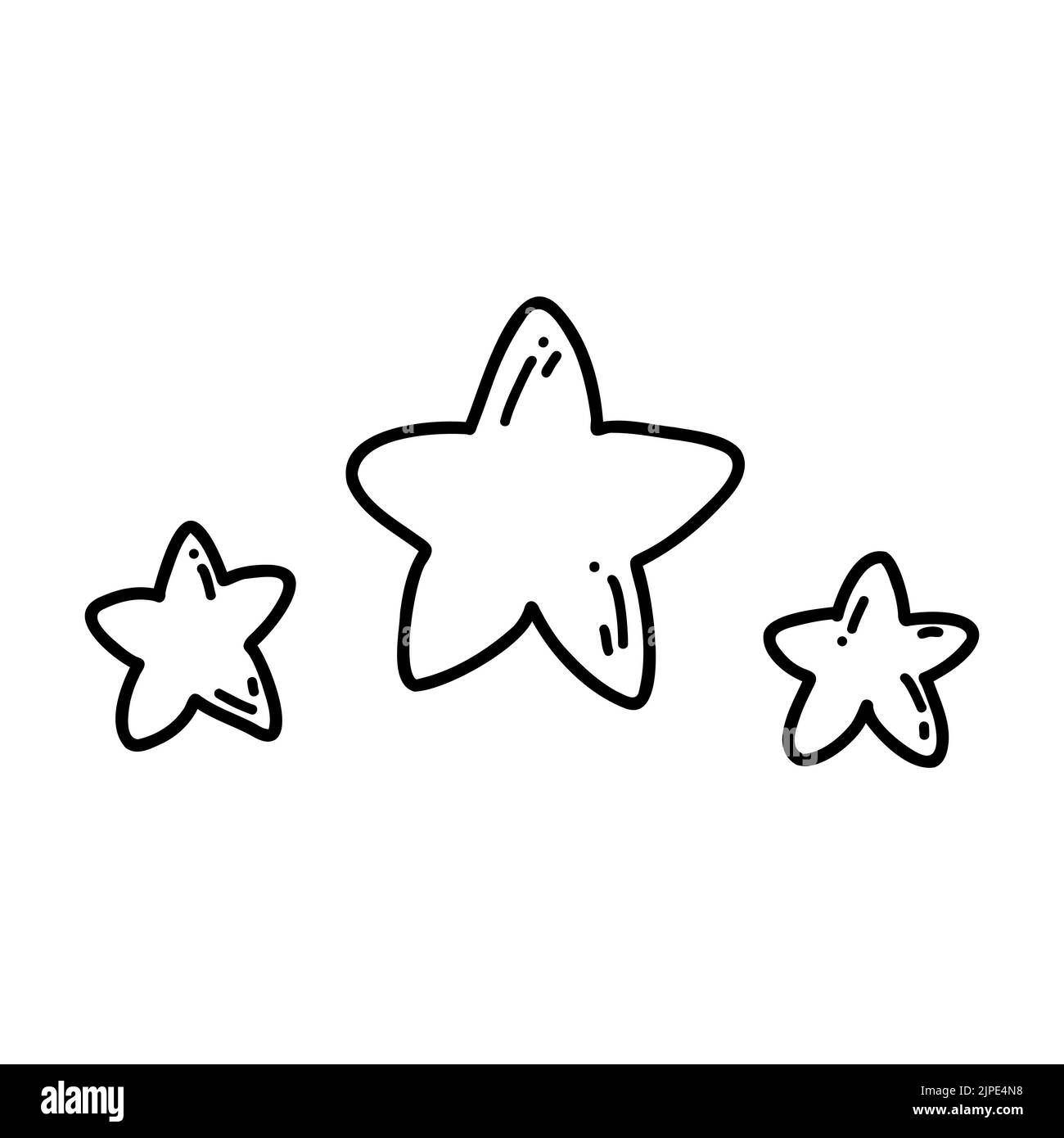 Hand drawn doodle set of stars icon. Vector sketch illustration of black outline celestial body, starfish for print, coloring page, kids design, logo Stock Vector