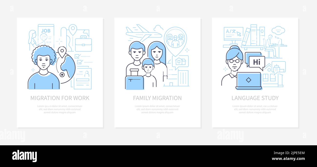 Migration and language study - line design style banners set Stock Vector