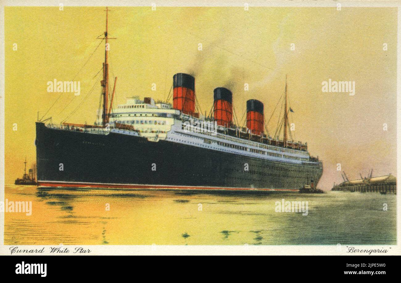 Vintage twentieth century color postcard of the historic Steam Ship Ocean Liner Berengaria, ( originally named Imperator ) Built in Hamburg Germany -  later part of the British Cunard Line and also America Line -  used by the US Navy to transport troops during WW1 - in service from 1913 to 1939 Stock Photo