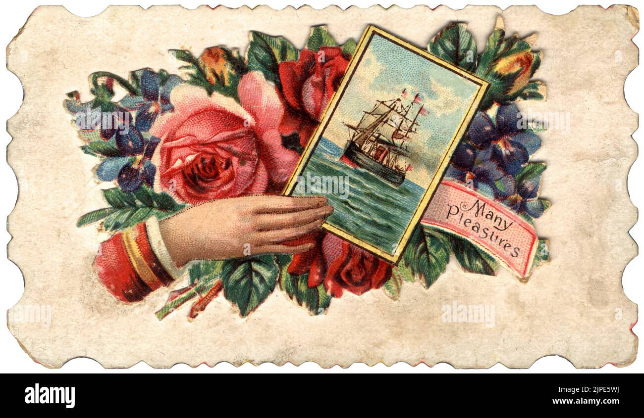 ' Many Pleasures ' - Late 19th century or early 20th century decorative Victorian vintage greeting card with deckled edge and color illustration of hand holding picture of tall ship with flowers in background - roses and violets - circa 1880s - 1900s Stock Photo