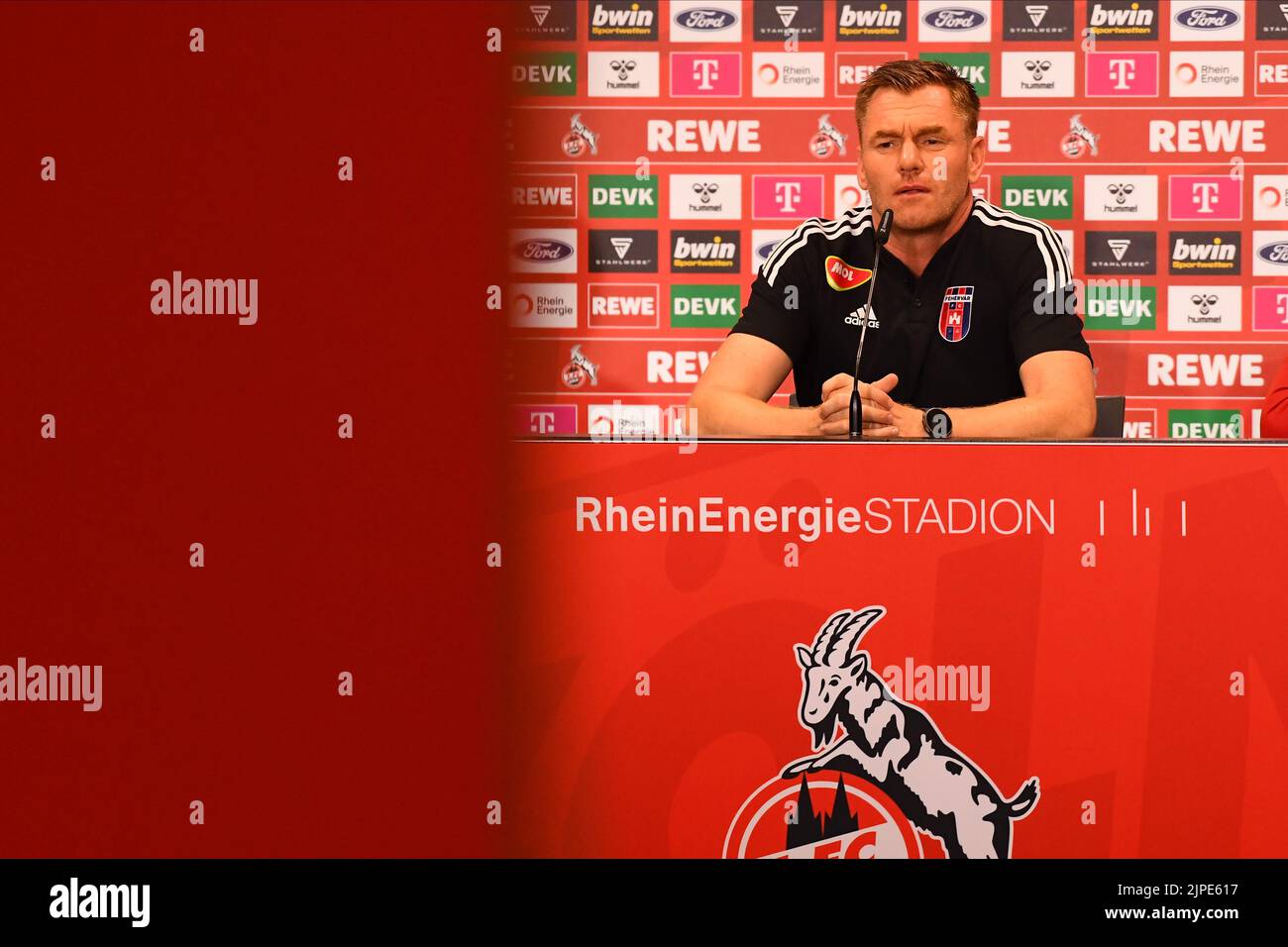 KOELN, GERMANY - AUGUST 17, 2022: Michael Boris coach during the press conference of the football match of Europa Conference League 1. FC Köln vs Fehé Stock Photo