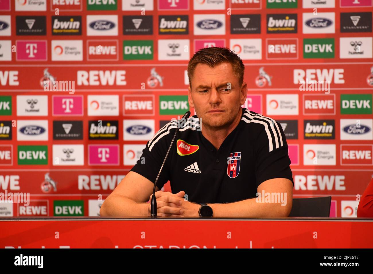 KOELN, GERMANY - AUGUST 17, 2022: Michael Boris coach during the press conference of the football match of Europa Conference League 1. FC Köln vs Fehé Stock Photo