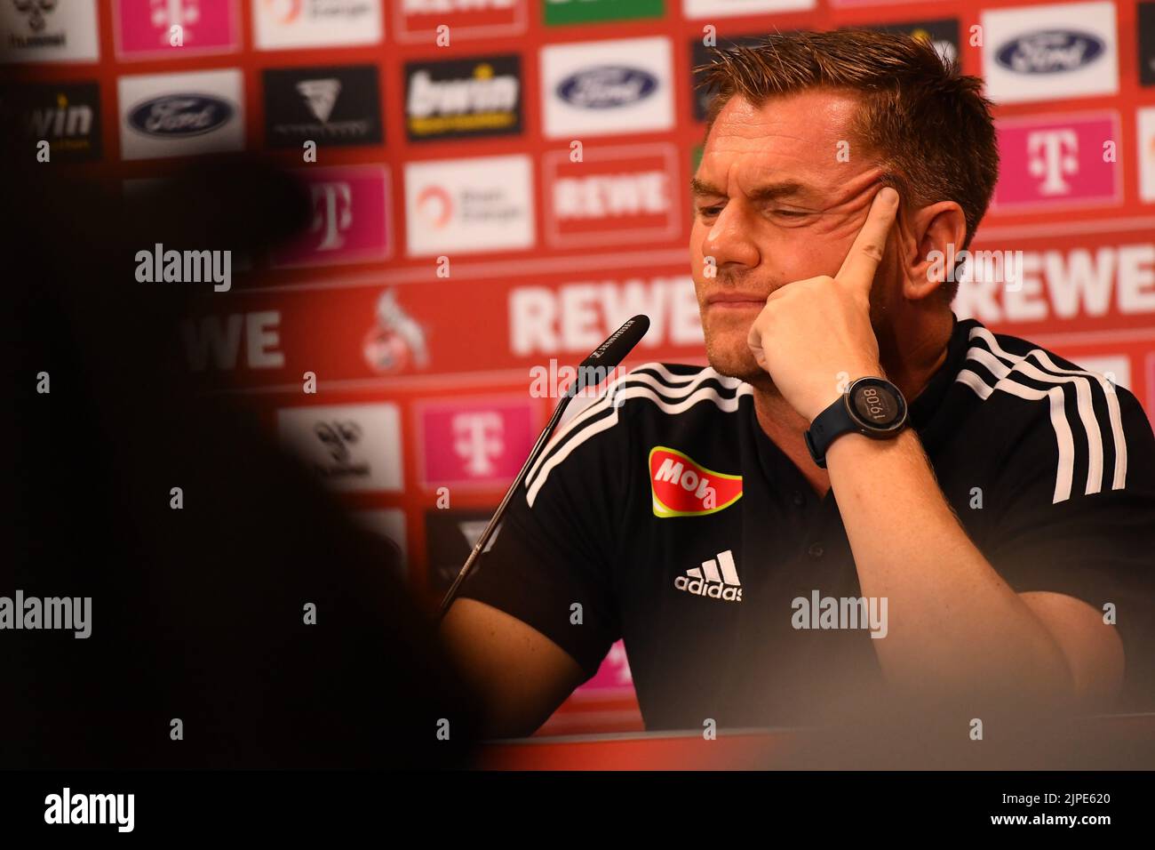 KOELN, GERMANY - AUGUST 17, 2022: Michael Boris coach during the press conference of the football match of Europa Conference League 1. FC Köln vs Fehé Stock Photo