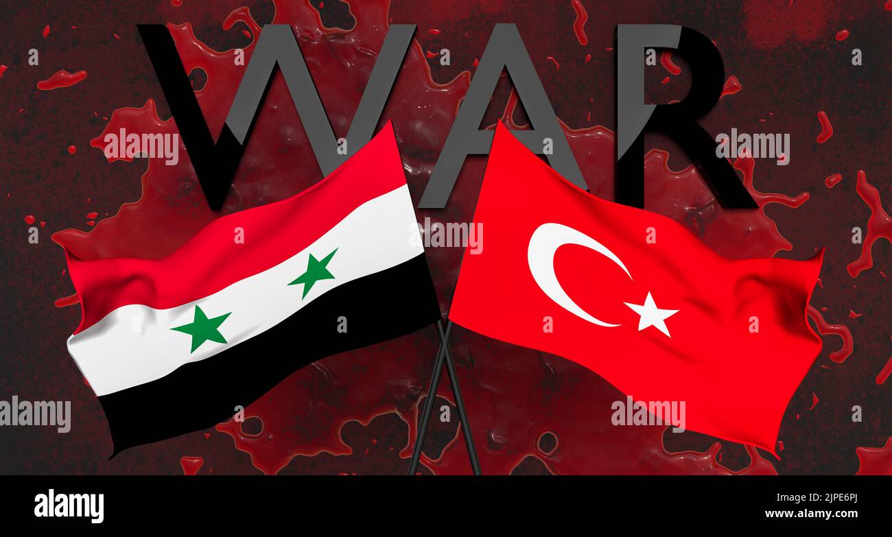War Syria vs Turkey, War Syria and Turkey on realistic blood background